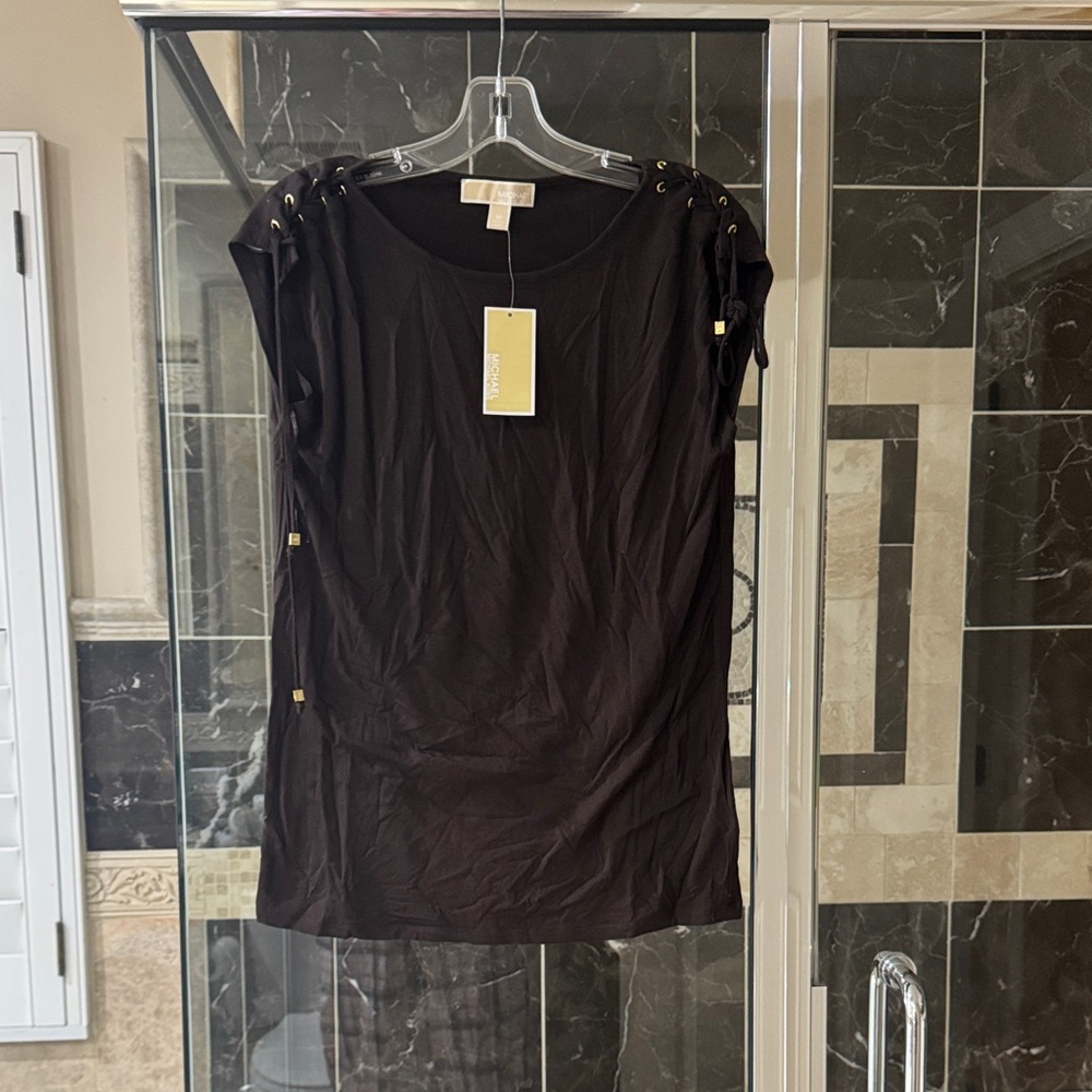 MICHAEL Michael Kors Black Lace-Up Shoulder Tank with Gold Accents